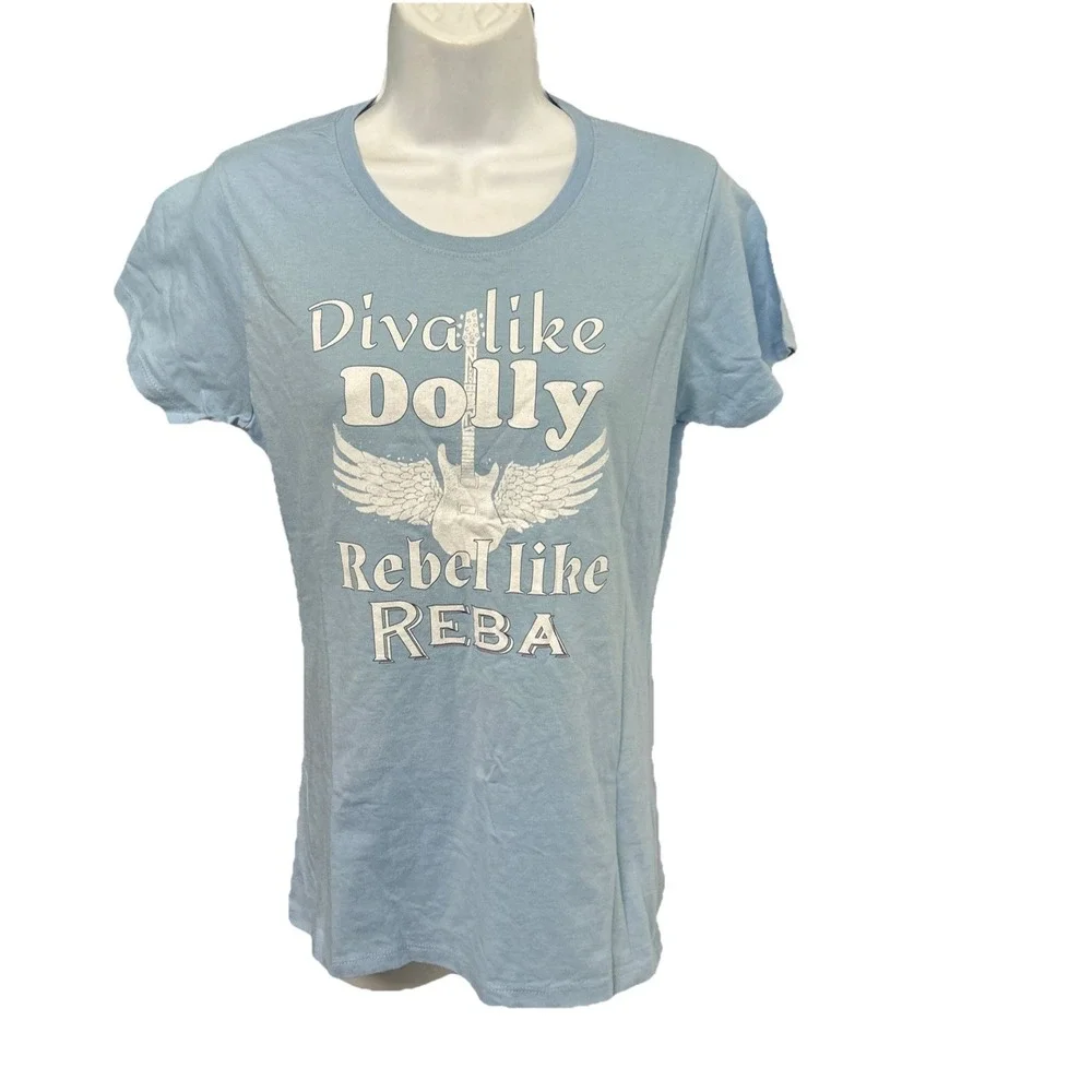 Diva Like Dolly Rebel Like Reba Women's Small T Shirt Country Music Blue Guitar